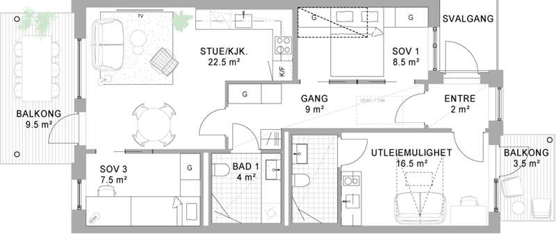 Alternativ planløsning med utleiedel, mot ekstra kostnad